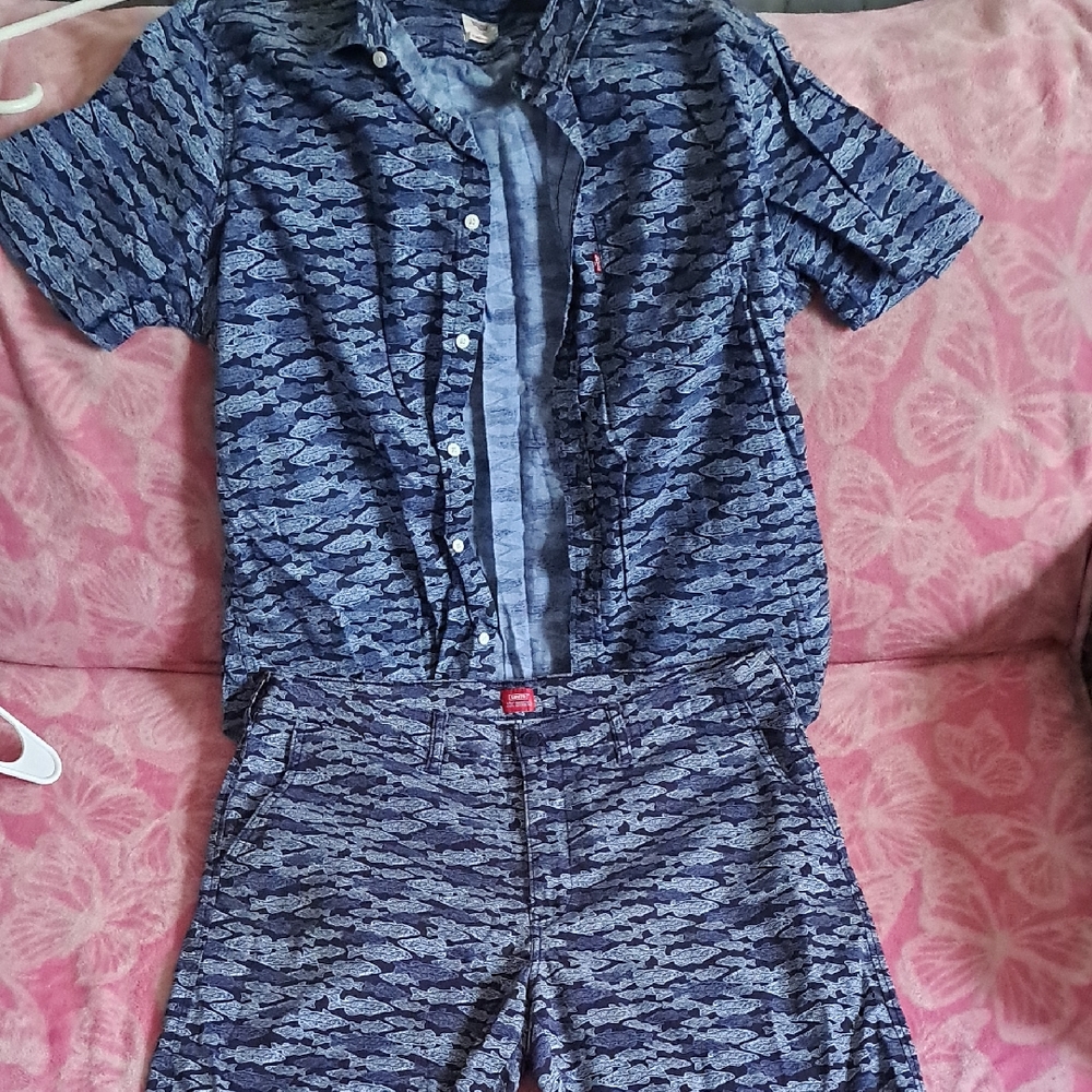 Men's Short Sleeve Button-Up & Shorts Matching Set - Navy Pattern